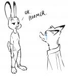 barefoot bodily_fluids bottomwear clothed clothing crying dialogue dipstick_ears duo ear_markings feet fully_clothed fur head_tuft looking_at_another multicolored_ears pants shirt simple_background t-shirt tears text topwear tuft white_background numbro disney zootopia judy_hopps nick_wilde canid canine fox lagomorph leporid mammal rabbit red_fox true_fox black_and_white english_text monochrome sketch