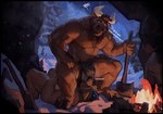 2_horns 5_fingers anthro areola axe biped blue_eyes blue_highlights blush bodily_fluids bottomwear brown_body brown_fur brown_hair bulge campfire chest_tuft claws clothed clothing crouching detailed_background dialogue duo eyebrows feet fingers fire fur hair hand_on_leg hand_on_own_leg hand_on_own_thigh hand_on_thigh highlights_(coloring) holding_axe holding_object hooves horn leg_grab loincloth loincloth_only lying male male/male muscular muscular_anthro muscular_male nipples nude nude_anthro nude_male on_back on_ground one_eye_closed orange_eyes pubes sniffing snow spread_legs spreading sweat text thigh_grab topless topless_anthro topless_male tuft worried marius_tygo european_mythology greek_mythology mythology itreyu bovid bovine canid canine cattle mammal minotaur absurd_res english_text hi_res