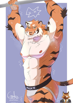 abs accessory anthro areola armpit_hair being_watched biceps big_muscles biped bodily_fluids body_hair brown_body brown_fur brown_stripes bulge butt clenched_teeth clothed clothing countershading duo exercise facial_hair fur jockstrap jockstrap_only looking_at_another male male/male muscular muscular_anthro muscular_male muscular_thighs musk necktie nipples orange_body orange_fur pecs police quads shirt solo_focus striped_body striped_fur stripes suit sweat tan_body tan_fur teeth text topless topwear underwear underwear_only whiskers workout chief_gilbert gilbert_(chief_gilbert) gunn_(chief_gilbert) canid canine canis domestic_dog felid german_shepherd herding_dog mammal pantherine pastoral_dog tiger 2022 artist_name digital_media_(artwork) hi_res signature