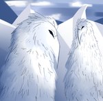 ambiguous_gender arctic beak black_eyes blurred_background cloud duo feathers feral looking_down mountain outside scar snow standing white_body white_feathers anerrorsanskinnie avian cryptid erosion_bird watermark