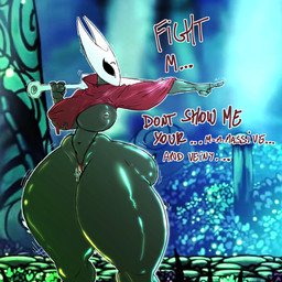 anthro big_breasts big_butt black_body black_eyes breasts butt clothed clothing dialogue female gesture hand_gesture horn mask melee_weapon offscreen_character one_breast_out partially_clothed pointing pointing_at_another small_waist solo text thong underwear weapon white_horn wide_hips libi_dos hollow_knight_(franchise) team_cherry hornet_(hollow_knight) arthropod humanoid 1:1 absurd_res english_text hi_res