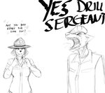 ^_^ anthro clothing drill_sergeant duo eyes_closed female happy hat headgear headwear humor male military scar smile yelling hladilnik let's_fucking_go samantha_thott canid canine canis domestic_dog mammal 2020 hi_res monochrome sketch