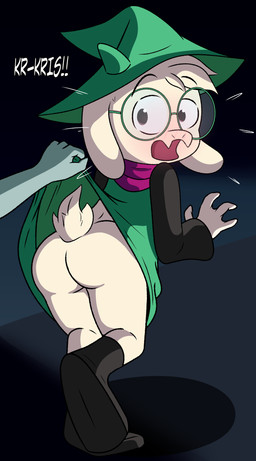 4_fingers ambiguous_gender anthro anthro_focus black_eyes blush butt clothed clothing duo embarrassed eyebrows eyewear fingers fur glasses green_clothing green_headwear headgear headwear no_underwear open_mouth round_glasses shota solo_focus tail text white_body white_butt white_fur white_tail white_text young young_ambiguous young_anthro limettin deltarune undertale_(series) ralsei bovid caprine darkner goat mammal 2023 absurd_res hi_res