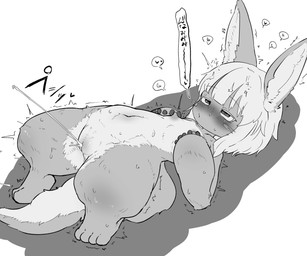 4_toes 5_fingers anthro areola big_ears blush blush_lines bodily_fluids bridge_pose ejaculation eyebrows feet female female_anthro fingers flat_chested fur genital_fluids genitals hair hands-free heart_symbol horizontal_pupils inner_ear_fluff looking_pleasured lying multicolored_body multicolored_fur multicolored_tail navel nipple_fetish nipple_orgasm nipple_pinch nipple_play nipples nude nude_anthro nude_female on_back orgasm orgasm_face pinch pupils shaking simple_background solo speech_bubble sweat sweaty_body tail text thin_eyebrows toes tremble_spikes trembling tuft two_tone_body two_tone_fur vaginal_fluids vaginal_squirting vulva whiskers young young_anthro young_female gyogyogyoen made_in_abyss nanachi lagomorph mammal narehate 2026 absurd_res digital_media_(artwork) hi_res japanese_text monochrome translation_request