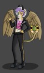 5_fingers anthro blue_eyes bottomwear clothing duo female fingers footwear grey_background hair heterochromia horn jacket living_tail male pants purple_hair red_eyes shirt shoes simple_background smile snake_tail tail topwear unusual_anatomy unusual_tail wings unknown_artist european_mythology greek_mythology mythology quime_(quimerinart) bovid caprine chimera goat mammal mythological_chimera mythological_creature reptile scalie snake hi_res