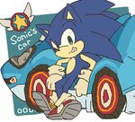 anthro blue_body blue_fur car clothing crossed_legs footwear fur gloves green_eyes grin handwear leaning leaning_backward male shoes simple_background smile solo vehicle bukikobuta sega sonic_the_hedgehog_(series) sonic_the_hedgehog eulipotyphlan hedgehog mammal 2019 low_res