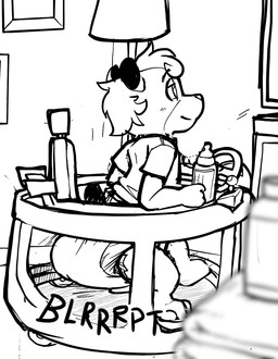 anthro baby_bottle baby_walker bear_ears bear_tail blort clothed clothing diaper feces full_diaper hair half-closed_eyes inside looking_at_television male narrowed_eyes pantsless pooping shirt sitting soiled_diaper soiling soiling_diaper solo straining toddler topwear unclean_diaper used_diaper using_diaper young rainydays max(rainydays) bear mammal hi_res monochrome