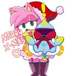 anthro bedroom_eyes bound clothing female gloves green_eyes handwear hat headgear headwear holidays leggings legwear narrowed_eyes presenting questionable_consent seductive simple_background text white_background lewd4food christmas sega sonic_the_hedgehog_(series) amy_rose chao_(sonic) eulipotyphlan hedgehog mammal 1:1