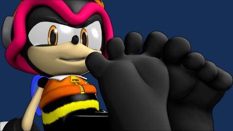 4_toes anthro barefoot black_body curling_toes feet foot_fetish foot_focus humanoid_feet looking_at_viewer male narrowed_eyes orange_eyes plantigrade smile smiling_at_viewer solo toes vvvvvvzx sega sonic_the_hedgehog_(series) charmy_bee arthropod bee hymenopteran insect 16:9 3d_(artwork) alpha_channel digital_media_(artwork) hi_res source_filmmaker_(artwork) widescreen