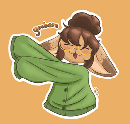 anthro blush brown_hair cardigan chibi clothing eyewear floppy_ears freckled_ears freckled_face freckles glasses hair hair_bun long_ears long_hair male oversized_clothing silly silly_face simple_background solo cappuchino lagomorph leporid mammal rabbit absurd_res hi_res watermark