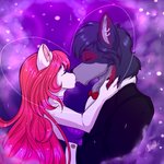 abstract_background anthro arms_around_neck black_nose black_tie_(suit) bow_tie clothed clothing colored_nails dress duo ear_piercing eyes_closed female fur hair hand_on_neck heart_symbol holidays hug kiss_on_lips kissing long_hair male male/female multicolored_body multicolored_fur nails piercing pink_hair pink_nose purple_clothing purple_dress romantic romantic_ambiance romantic_couple suit white_body white_fur starcaller valentine's_day artemis_tsukino lycos_ryugen canid canine canis domestic_cat felid feline felis mammal wolf 1:1 absurd_res half-length_portrait hi_res portrait