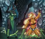 2018 anthro applejack_(mlp) armwear arthropod big_breasts breasts changeling cleavage clothed clothing draltruist dress duo elbow_gloves equid equine female footwear friendship_is_magic gloves glowing handwear hasbro high_heels horn horse magic mammal my_little_pony pony queen_chrysalis_(mlp) shoes slime transformation