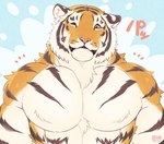 abs anthro biceps big_muscles big_pecs blue_background blush countershading fur huge_pecs male muscular muscular_anthro muscular_male nude one_eye_closed pec_flexing pecs simple_background solo striped_body striped_fur stripes text white_body white_fur wink giraffe_(artist) lam-chan felid mammal pantherine tiger 2021 digital_media_(artwork) hi_res japanese_text signature