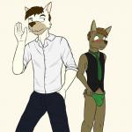 1:1 5_fingers anthro black_bottomwear black_clothing black_topwear blush bottomwear brown_body brown_fur brown_hair brown_nose bulge canid canine canis clothed clothing domestic_dog dress_shirt duo embarrassed fangs fingers fully_clothed fur fuze green_clothing green_underwear hair hand_in_pocket hi_res luis_(fuze) male mammal markings necktie pants pockets rolled_up_sleeves shirt short_hair simple_background standing suit teeth toony topwear underwear vest white_background white_body white_clothing white_fur white_topwear wolfgang_(fuze)