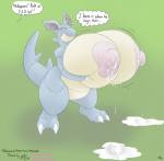 anthro anthrofied big_breasts bodily_fluids breasts claws copyright_symbol female horn huge_breasts hyper hyper_breasts lactating milk nipples non-mammal_breasts non-mammal_nipples pokemorph solo symbol text badgerben lord_friez nintendo pokemon generation_1_pokemon nidoqueen pokemon_(species) 2014 english_text