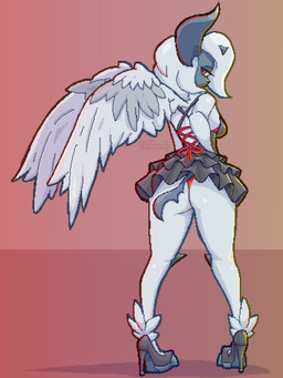 anthro anthrofied big_butt bow_ribbon bra breasts butt clothing dress feathered_wings feathers female footwear frilly frilly_clothing frilly_dress fur hair high_heels horn panties pokemorph rear_view red_bra red_clothing red_eyes red_panties red_underwear shoes side_boob simple_background small_breasts solo spikes spikes_(anatomy) standing tail thick_thighs underwear white_body white_fur white_hair white_sclera wings selfdestructking nintendo pokemon generation_6_pokemon mammal mega_absol mega_evolution pokemon_(species) 3:4 absurd_res digital_media_(artwork) full-length_portrait hi_res pixel_(artwork) portrait