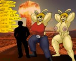 anthro belt belt_buckle biceps blonde_hair bone boots buckle clothing cloud duo eyewear female footwear hair larger_female lipstick makeup male male/female muscular muscular_female mushroom_cloud nuke shoes size_difference skull smaller_male smile sunglasses m4n duke_nukem_(series) anon hare human humanoid lagomorph leporid mammal rabbit 5:4 absurd_res hi_res