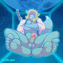 5_toes anthro asian_clothing balls belly blonde_hair circumcised clothing crossed_arms ear_fins east_asian_clothing facial_hair feet fin foot_focus genitals glans grin hair humanoid_feet humanoid_genitalia humanoid_penis japanese_clothing kimono kimono_only long_hair male melee_weapon pecs penis plantigrade smile soles solo sword tail toes vein veiny_penis weapon naudiz_(artist) mythology aquatic aquatic_dragon dragon mythological_creature mythological_scalie scalie 1:1 absurd_res hi_res