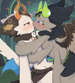 2_horns 6_arms ambiguous_anthro ambiguous_gender ambiguous_on_anthro anthro anthro_on_anthro assertive_anthro belly_mouth biped blue_eyes blush bodily_fluids bottomwear cheek_tuft clothed clothed_ambiguous clothed_anthro clothing confusion duo erect_tail facial_tuft french_kissing fur fur_tuft green_horn grey_body grey_fur half-closed_eyes hand_on_shoulder head_tuft hood horn kissing leaning leaning_forward loincloth monotone_body monotone_fur multi_arm multi_limb narrowed_eyes orange_horn partially_clothed red_eyes sharp_teeth side_view skimpy slim slim_ambiguous slim_anthro sweat tail teeth tuft white_body white_fur wings be_solomon devil_connection makemon bbb_(devil_connection) nisroch_(makemon) 2026 digital_drawing_(artwork) digital_media_(artwork) hi_res shaded soft_shading