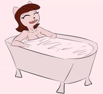 anthro barely_visible_chest bathing bathtub big_breasts bodily_fluids breasts brown_hair claw_foot_bathtub cleavage clothed clothing female fur hair happy milk milkbath nude open_mouth pink_body pink_fur simple_background smile solo wet gold-white-kott a_kitty_bobo_show cartoon_network maggie_(kitty_bobo) animal_humanoid domestic_cat felid feline felis humanoid mammal 2022 digital_drawing_(artwork) digital_media_(artwork)