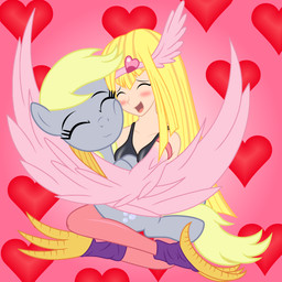 :3 accessory biped blonde_hair blush card clothing cradling crossed_legs crown cuddling duo face_squish fangirling feet female feral hair hair_accessory happy headgear heart_background heart_symbol hug jewelry rubbing_cheek simple_background sitting smile squish talons tiara toes wings badumsquish friendship_is_magic hasbro my_little_pony mythology yu-gi-oh! derpy_hooves_(mlp) harpie_girl duel_monster equid equine human mammal monster mythological_creature mythological_equine pegasus 1:1 hi_res
