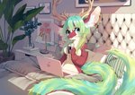 absurd_res anthro antlers asian_mythology bed bedroom belly beverage big_ears breasts computer detailed_background dragon ear_piercing east_asian_mythology eastern_dragon electronics featureless_breasts female fur furniture furred_dragon furred_scalie green_hair hair hi_res horn hybrid jewelry lamp laptop long_hair long_tail mayumochi mochiiinyam multicolored_body multicolored_fur mythological_creature mythological_scalie mythology on_bed piercing plant plant_pot red_body red_fur scalie solo tail two_tone_body two_tone_fur under_covers whiskers white_belly white_body white_fur