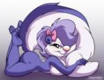 3_toes anthro breasts butt feet female fur looking_at_viewer lying multicolored_body multicolored_fur nude purple_body purple_fur simple_background solo tasteful toes creamytea tiny_toon_adventures warner_brothers fifi_la_fume mammal mephitid skunk 2018