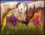 accessory ambiguous/ambiguous ambiguous_gender blue_eyes duo eye_contact feral field flower flower_in_hair hair hair_accessory looking_at_another plant purple_eyes purple_flower sunset amber18db mary_(bloopertrooper) maxym_(bloopertrooper) dolehest equid equine horse icelandic_horse mammal female_(lore) male_(lore)