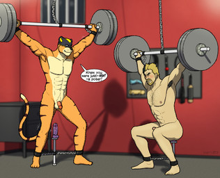 anthro balls blonde_hair blush cabinet casual_nudity chain cuff_(restraint) dildo duo exercise eyes_closed feet genitals hair humanoid_feet male mask nipples nude nude_workout nudist paddle penis plantigrade restraints sex_toy shackles shackles_only shadow speech_bubble text weightlifting weights workout harrybcd_(artist) fuerte_(machupichu_18) felid human mammal pantherine tiger english_text signature