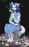 2_toes anthro barefoot biped black_nose blue_hair book claws clothed clothing eyebrows eyelashes feet fingers hair paws plantigrade potion sitting smile toes yellow_eyes kaitycuddle species_request 2021 digital_media_(artwork)