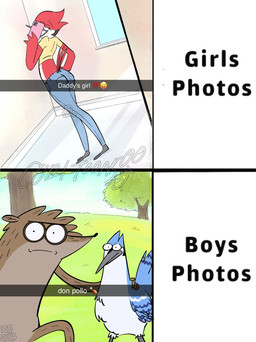 anthro bottomwear butt clothing day denim denim_bottomwear denim_clothing electronics emoji female feral grass jeans looking_at_viewer male mirror mirror_selfie pants park phone plant seducing_viewer seductive selfie text topwear tree world leosilva_a1 boys_vs_girls cartoon_network regular_show snapchat margaret_smith_(regular_show) mordecai_(regular_show) rigby_(regular_show) avian bird blue_jay chicken corvid galliform jay_(bird) mammal new_world_jay oscine passerine phasianid procyonid raccoon english_text hi_res meme