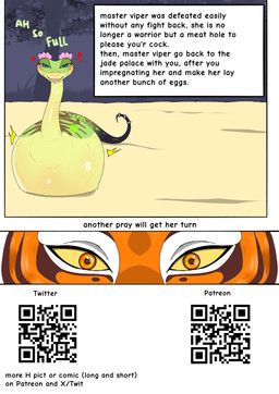 anthro aroused belly big_belly female feral genitals huge_belly hyper hyper_belly hyper_pregnancy impregnation mind_break pregnant pregnant_female pregnant_feral qr_code text vulva yellow_sclera acrossline dreamworks kung_fu_panda master_tigress master_viper felid human mammal pantherine reptile scalie snake tiger broken_language comic comic_sans english_text hi_res