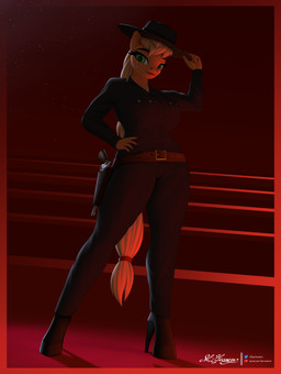 anthro belt black_bottomwear black_clothing black_pants black_shirt black_topwear blonde_hair boots bottomwear clothing colored_nails cowboy_hat eyebrows eyelashes female footwear freckled_chest freckled_face freckles green_eyes gun gun_belt hair handgun hat headgear headwear high_heeled_boots high_heels holster holstered_revolver long_eyelashes looking_at_viewer nails pants ranged_weapon red_background red_nail_polish red_nails revolver shirt shoes simple_background solo tail topwear weapon yellow_tail clearvision friendship_is_magic hasbro marty_robbins my_little_pony applejack_(mlp) earth_pony equid equine horse mammal pony 3d_(artwork) absurd_res digital_media_(artwork) hi_res
