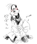 anthro black_body black_eyes black_fur black_nose blush clothed clothing fur gloves handwear happy looking_at_viewer male partially_clothed shirt simple_background sitting smile solo text topwear white_background white_body white_fur natsu-nori disney goofy_(disney) canid canine canis domestic_dog mammal japanese_text sketch translation_request