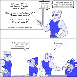 abs anthro biceps black_border border classroom clock clothed clothing dialogue duo eyes_closed eyewear glasses growth inside male muscle_growth muscular muscular_anthro muscular_male open_mouth pecs school shirt sleeveless_shirt speech_bubble t-shirt text topwear watch wristwatch nx-42 immelmann_(character) sands canid canine canis domestic_dog mammal scalie 1:1 absurd_res comic english_text hi_res restricted_palette