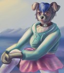 anthro blue_hair bottomwear clothed clothing collar crossdressing davekitsune ears_up femboy hair hand_on_knee hand_on_leg hands_together heterochromia hoodie looking_at_viewer male midriff skirt solo sweater topwear triangle_(shape) malish delta-ket animal_humanoid border_collie canid canid_humanoid canine canine_humanoid canis collie dog_humanoid domestic_dog herding_dog humanoid mammal mammal_humanoid pastoral_dog sheepdog hi_res portrait three-quarter_portrait