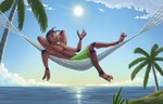 2_toes 3_fingers abs antennae_(anatomy) anthro beach black_eyes black_hair blue_sky brown_body brown_fur cheek_tuft chin_tuft clothing detailed_background facial_tuft fangs feet fingers fur gradient_sky green_clothing green_swimming_trunks green_swimwear hair half-closed_eyes hammock hands_behind_head logo lying male mohawk multi_eye multi_limb narrowed_eyes on_back palm_tree plant raised_hand sand sea seaside shrub sky solid_eyes solo spider_web sun swimming_trunks swimwear swimwear_only teeth toes tree tuft water white_clouds yellow_sky sammfeatblueheart arachnid arthropod spider 14:9 2023 artist_logo hi_res shaded signature