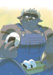 abs anthro clothing food male muscular muscular_anthro offering_food onigiri overalls pecs rice solo kusarikakemono lifewonders tokyo_afterschool_summoners asterius_(tas) bovid bovine cattle mammal hi_res