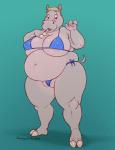 anthro belly big_belly big_breasts bikini blonde_hair blush bra breasts clothed clothing female genitals grey_body grey_skin hair looking_at_viewer nipple_outline obese obese_anthro obese_female open_mouth overweight overweight_anthro overweight_female plump_labia pussy pussy_floss short_hair simple_background solo standing swimwear thick_thighs thong two-piece_swimsuit underwear chewycuticle varky common_hippopotamus hippopotamid mammal 2019 digital_media_(artwork) shaded