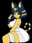 anthro big_breasts black_background black_eyes blue_body blue_eyeshadow blue_fur blue_hair breasts clothed clothing dress egyptian egyptian_clothing egyptian_headdress eyelashes eyeshadow female fur hair looking_at_viewer makeup markings short_hair simple_background sitting solo striped_markings striped_tail stripes tail tail_markings thick_thighs white_clothing white_dress wide_hips yellow_body yellow_fur badjujuarts animal_crossing nintendo ankha_(animal_crossing) hi_res