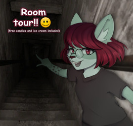 anthro clothed clothing eyewear female glasses hair looking_at_viewer photo_background shirt smile solo t-shirt text topwear tanatos_aaa badger honey_badger mammal mustelid musteline digital_media_(artwork) english_text hi_res meme photography_(artwork)