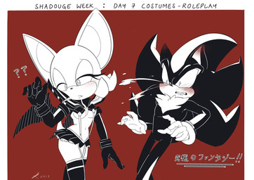 anthro black_body blood blush bodily_fluids bottomwear breasts clothed clothing cosplay costume crossover_cosplay duo female furgonomics gloves handwear legwear male midriff nosebleed shocked simple_background skimpy skirt tail tail_through_skirt text wings tishtish kill_la_kill sega sonic_the_hedgehog_(series) studio_trigger rouge_the_bat senketsu shadow_the_hedgehog bat eulipotyphlan hedgehog mammal black_and_white_and_red crossover hi_res japanese_text translated