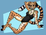 anthro athletic athletic_female black_fingers black_toes breasts clothing dark_sclera dots female one-piece_swimsuit pose smile solo spread_legs spreading swimwear yellow_eyes thelivingshadow djikki cheetah felid feline mammal hi_res pinup