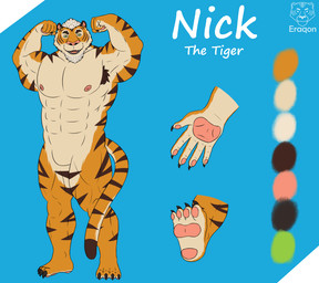 anthro armpit_hair beard body_hair claws color_swatch facial_hair fangs fur green_eyes grin grinning_at_viewer inner_ear_fluff looking_at_viewer male markings muscular muscular_anthro muscular_male nipples open_mouth open_smile orange_body orange_fur simple_background smile smiling_at_viewer snout solo striped_body striped_fur striped_markings striped_tail stripes tail tail_markings teeth text tuft white_body white_fur white_text eraqon nick_(eraqon) felid mammal pantherine tiger hi_res model_sheet