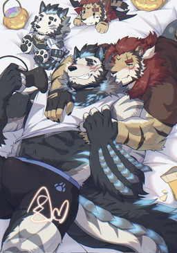 abs anthro basket beard bed bed_covers bedding black_body black_bottomwear black_clothing black_fur black_gloves black_hair black_handwear black_sclera black_shorts blue_hair blue_inner_ear_fluff blush bottomwear chip_bag chips_(food) claws clothing container controller duo ear_piercing ear_ring erection eye_scar facial_hair facial_scar finger_claws fingerless_(marking) fingerless_gloves food fur furniture game_controller gloves glowing glowing_body glowing_scales green_eyes grey_body grey_fur grey_scales hair hand_on_another's_chest hand_on_chest handwear holding_controller holding_game_controller holding_object inner_ear_fluff male male/male multicolored_hair muscular muscular_thighs obliques on_bed pawpads pecs piercing plushie ponytail potato_chips pumpkin_basket ring_piercing scales scar shirt short_ponytail shorts smile striped_body striped_fur stripes tail tank_top topwear tuft two_tone_hair white_clothing white_shirt white_tank_top white_topwear yellow_body yellow_fur milkdango12138 kylewolf canid canine canis felid mammal pantherine tiger wolf 2023 hi_res signature