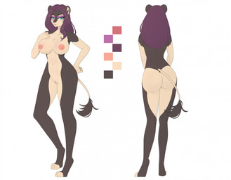 3_toes 5_fingers anthro areola arms_bent bent_legs big_breasts big_butt black_body black_claws black_eyebrows black_fur black_tail_tuft blue_eyes blush breasts butt claws collarbone color_swatch eyebrows eyelashes eyelashes_through_hair eyeshadow feet female female_anthro fingers fist fur genitals hair hand_on_hip hand_on_own_hip humanoid_genitalia humanoid_vulva light long_hair long_tail looking_at_viewer makeup mismatched_genitalia mismatched_vulva mole_under_eye multicolored_body multicolored_fur navel nipple_dip nipples nude nude_anthro nude_female open_mouth paws pink_areola pink_nipples purple_eyeshadow purple_hair rear_view red_nose simple_background solo square tail tail_tuft tan_body tan_fur tan_inner_ear tan_tail tan_vulva thick_thighs three-quarter_view toes translucent translucent_hair tuft two_tone_body two_tone_fur vulva white_background elcastorblanco briar_(mr.opossum) felid lion mammal pantherine 2023 cel_shading colored digital_drawing_(artwork) digital_media_(artwork) english_description hi_res lighting model_sheet shaded