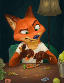 anthro ball buckteeth chair clothing electronics fingers fur furniture glue holding_object male shirt sitting solo table teeth tennis_ball text tongue tongue_out topwear hareluca disney zootopia nick_wilde canid canine fox mammal red_fox true_fox absurd_res digital_media_(artwork) english_text hi_res