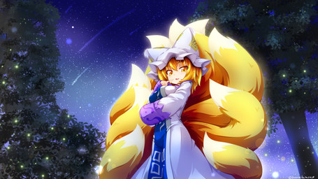 9_tails blonde_hair breasts clothing detailed_background dipstick_tail dress female hair headgear headwear looking_at_viewer markings multi_tail night plant sky solo star starry_sky tabard tail tail_markings tree white_clothing white_dress white_headwear white_tail_tip yellow_eyes yellow_tail kazami_karasu touhou ran_yakumo animal_humanoid canid canid_humanoid canine canine_humanoid fox_humanoid humanoid mammal mammal_humanoid 16:9 4k absurd_res hi_res widescreen
