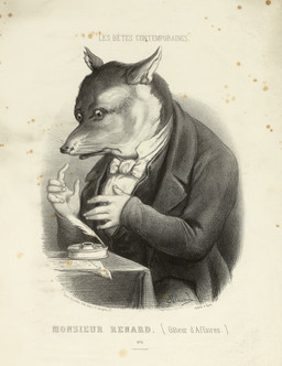 bow_tie clothed clothing coat for_a_head fur furniture inkwell loose_feather male paper quill solo table text topwear whiskers edmond_hedouin animal_head animal_humanoid canid canine fox humanoid mammal 1858 19th_century absurd_res ancient_art french_text greyscale hi_res monochrome