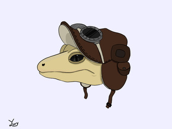 ambiguous_gender brown_clothing brown_hat brown_headwear clothing dark_eyes eyewear feral goggles hat headgear headwear neutral_expression pilot pilot_hat reflection_in_glasses simple_background solo wearing_hat yellow_body yyury_r gecko lizard reptile scalie